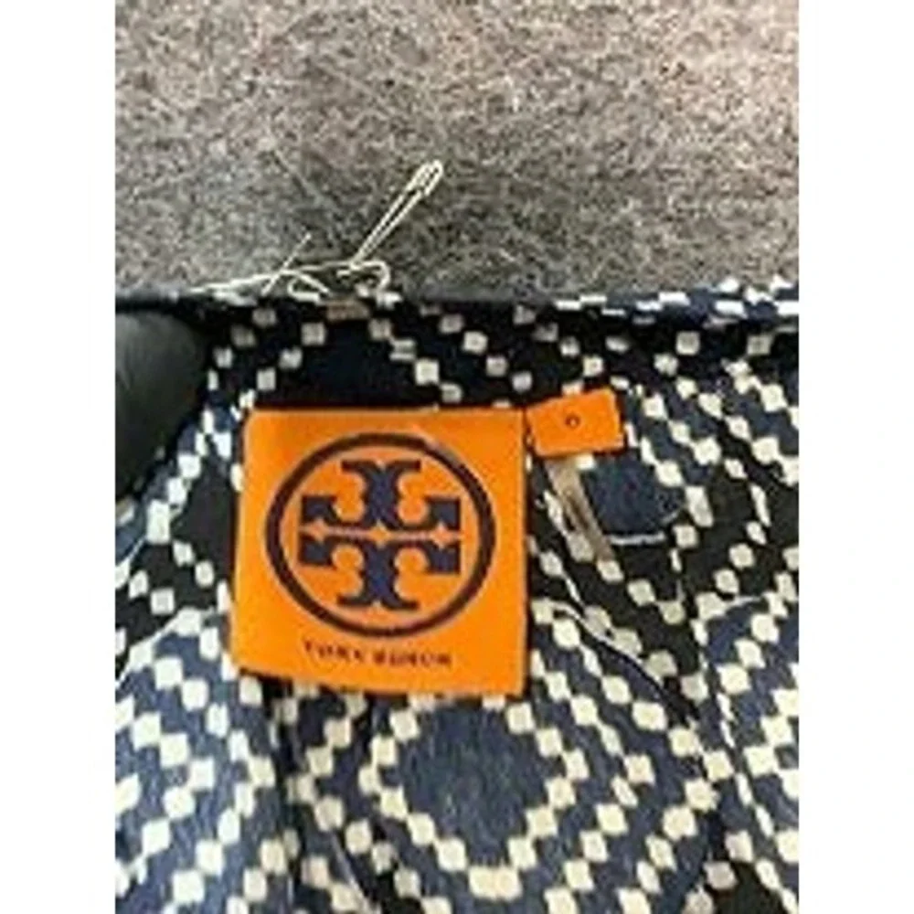 Tory Burch Tunic Women 0 Navy White Geometric Silk Blend Ruffle Split Neck